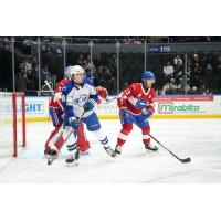 Syracuse Crunch forward Niko Huuhtanen in front of the Laval Rocket net