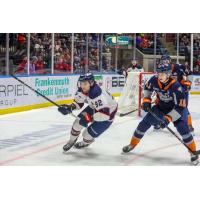 Saginaw Spirit's Nicholas Sima and Flint Firebirds' Jimmy Lombardi on game night